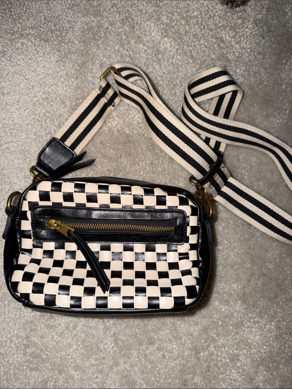 Universal Thread Black & Cream Checkerboard Crossbody with Striped Strap